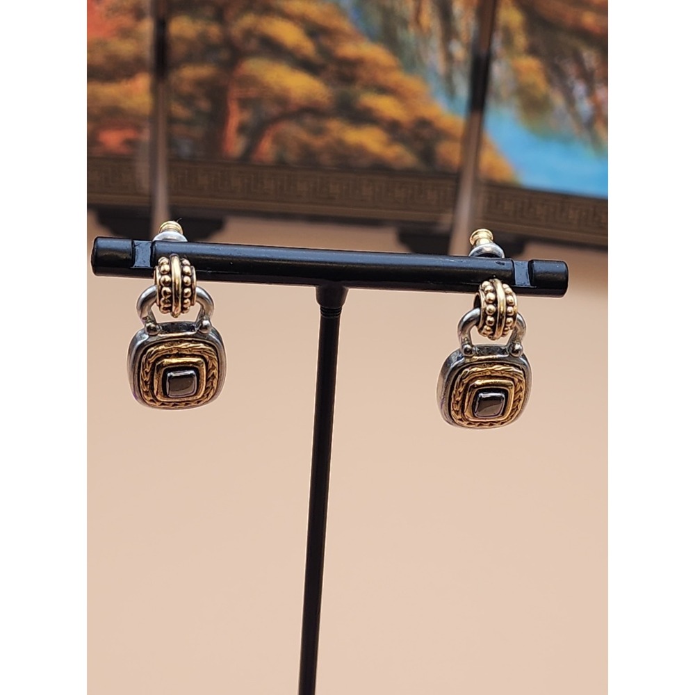 Vtg LIZ CLAIBORNE Gold Silver & Brass Tone Square Dangle Earrings FREE $HIPPING!